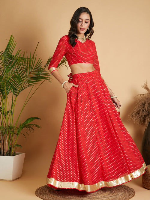 Women Red Dot Foil Print Anarkali Skirt With Crop Top