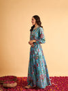 Women Blue Floral Anarkali Skirt With Crop Top