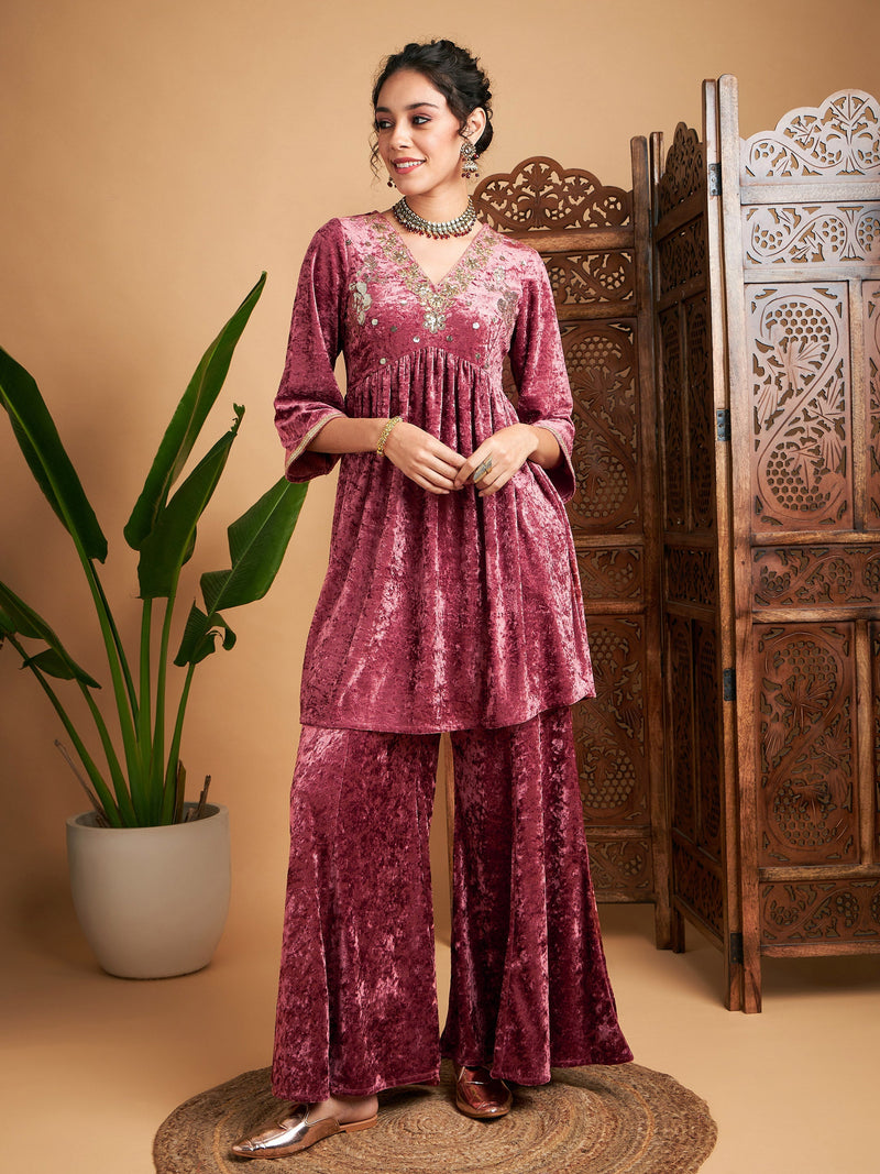 Women Pink Velvet Embroidered Top With Palazzos