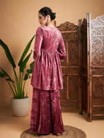 Women Pink Velvet Embroidered Top With Palazzos