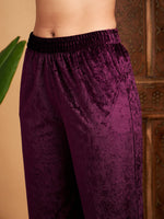 Women Purple Velvet Embroidered Gathered Kurta With Pants