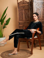 Women Black Velvet Gota Patti Embroidered Short Kurta With Dhoti Pants