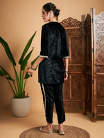 Women Black Velvet Gota Patti Embroidered Short Kurta With Dhoti Pants