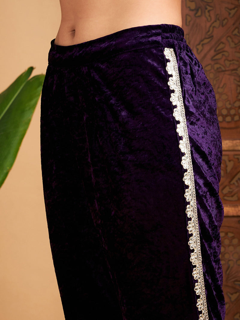 Women Purple Velvet Gota Patti Embroidered Short Kurta With Dhoti Pants