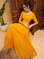 Women Mustard Mukaish Work Anarkali Skirt With Crop Top
