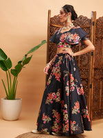 Women Black Floral Anarkali Skirt With Crop Top