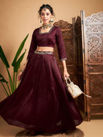 Women Maroon Embroidered Anarkali Skirt With Crop Top