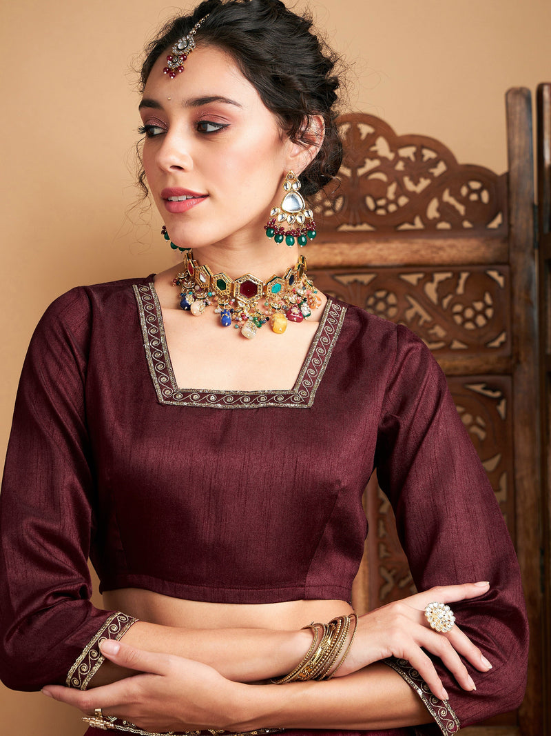 Women Maroon Embroidered Anarkali Skirt With Crop Top