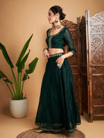 Women Emerald Embroidered Anarkali Skirt With Crop Top