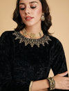 Women Black Floral Skirt With Black Velvet Full Sleeves Crop Top