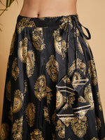 Women Black Floral Skirt With Black Velvet Full Sleeves Crop Top