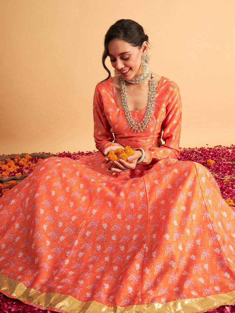 Women Orange Floral Anarkali Pocket Skirt With Crop Top