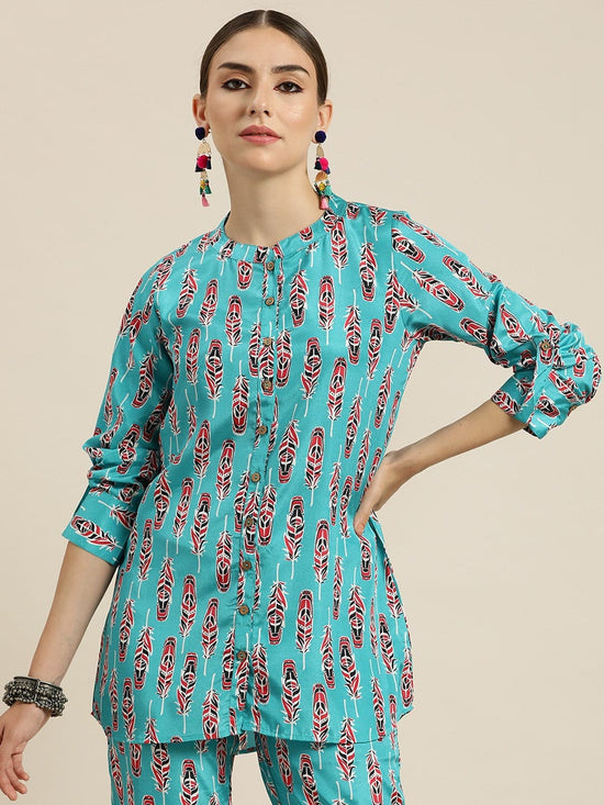 Women Blue Feather Print High Low Shirt