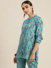 Women Blue Feather Print High Low Shirt