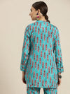 Women Blue Feather Print High Low Shirt