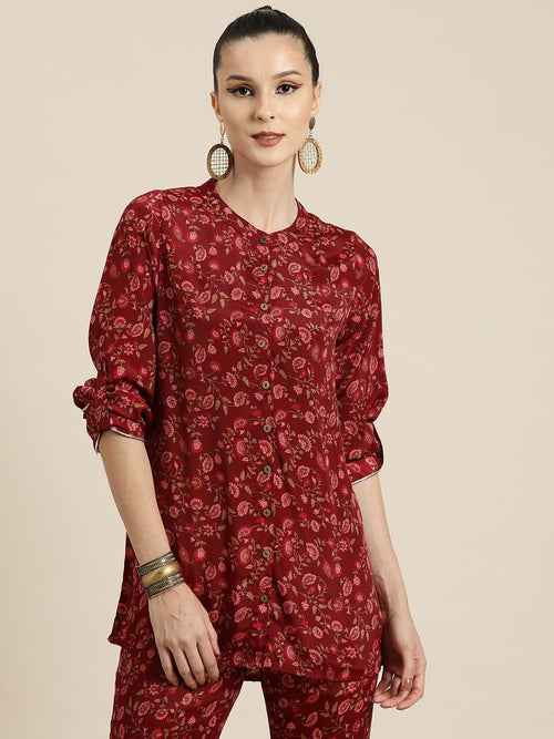 Women Maroon Floral High Low Shirt