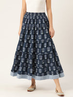 Navy Lotus Floral Contrast Border Tiered Skirt