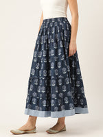 Navy Lotus Floral Contrast Border Tiered Skirt