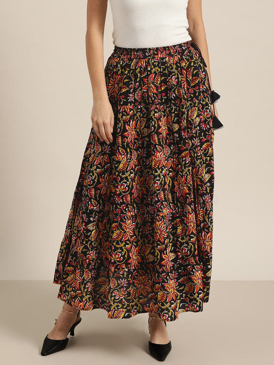 Black Floral Tiered Skirt