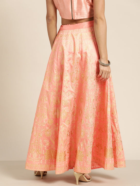 Peach Foil Print Anarkali Skirt