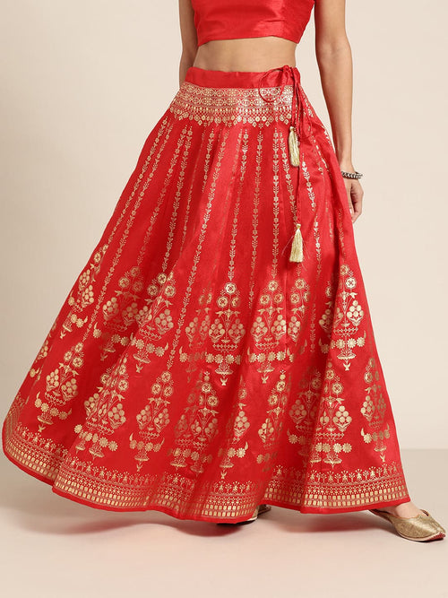 Red Foil Print Anarkali Skirt