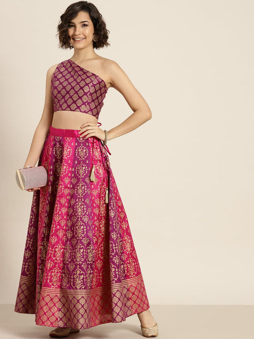 Fuchsia & Purple Foil Print Anarkali Skirt