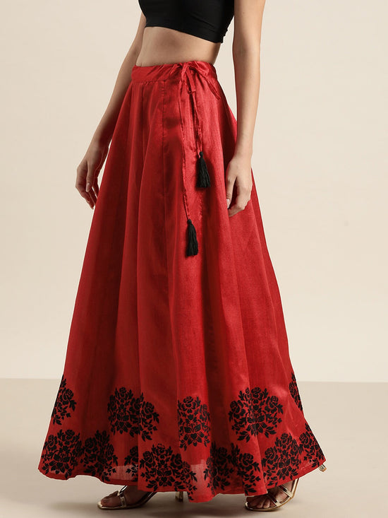 Red Flock Print Anarkali Skirt