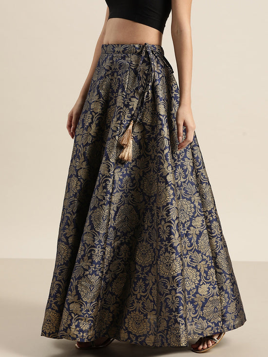 Navy Jacquard Floral Anarkali Skirt