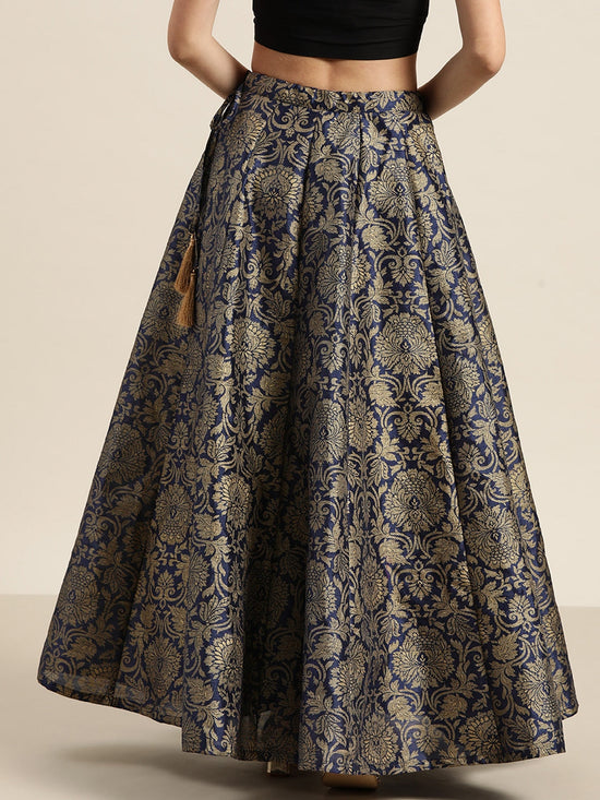 Navy Jacquard Floral Anarkali Skirt