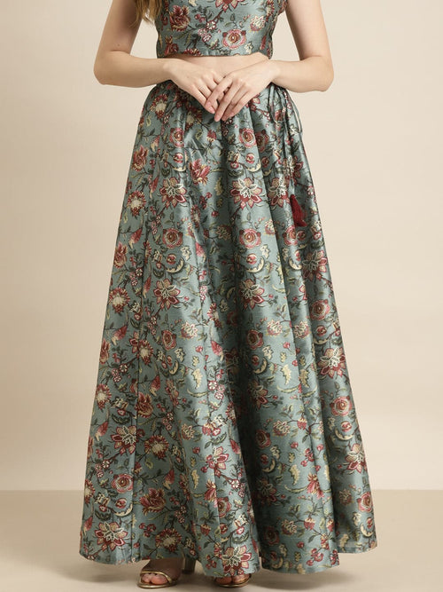 Olive PolySilk Floral Anarkali Skirt
