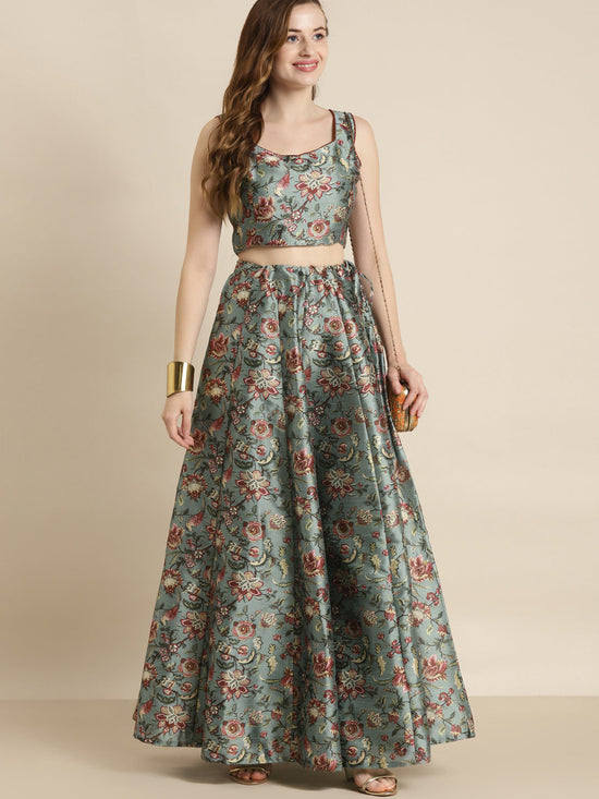 Olive PolySilk Floral Anarkali Skirt