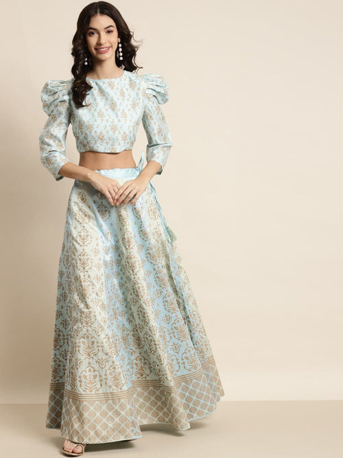 Powder Blue & Mint Green Foil Floral Anarkali Skirt