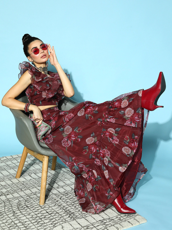 Women Maroon Floral Frill Hem Skirt