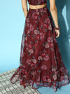 Women Maroon Floral Frill Hem Skirt