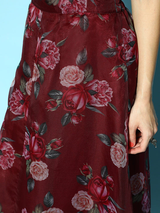 Women Maroon Floral Frill Hem Skirt