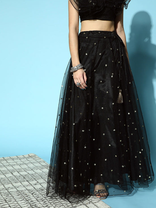 Women Black Tulle Sequin Flared Skirt