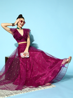 Women Purple Tulle Sequin Flared Skirt