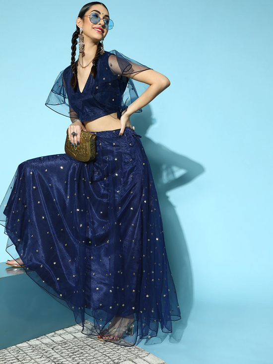 Women Navy Tulle Sequin Flared Skirt