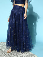 Women Navy Tulle Sequin Flared Skirt