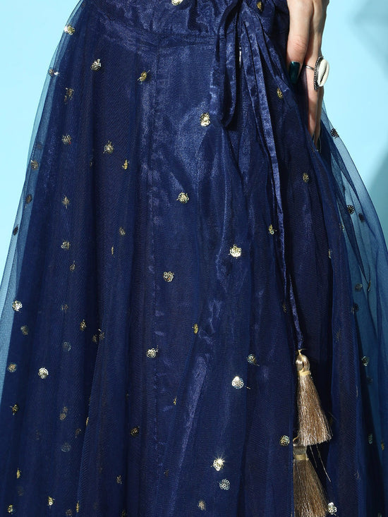 Women Navy Tulle Sequin Flared Skirt