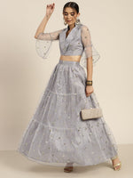 Women Steel Grey Tulle Sequins Tiered Skirt