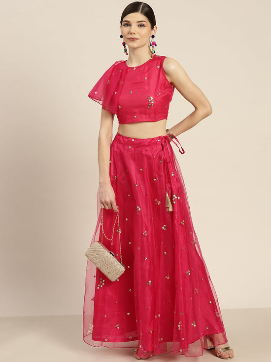 Women Fuchsia Tulle Sequins Anarkali Skirt