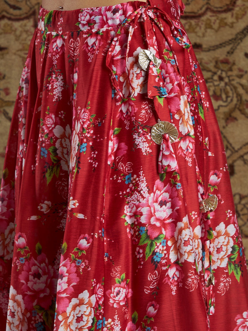 Women Maroon Chanderi Floral Anarkali Skirt