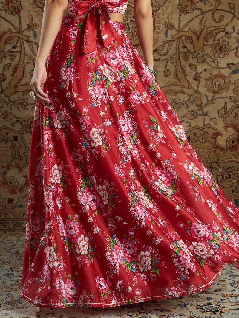 Women Maroon Chanderi Floral Anarkali Skirt