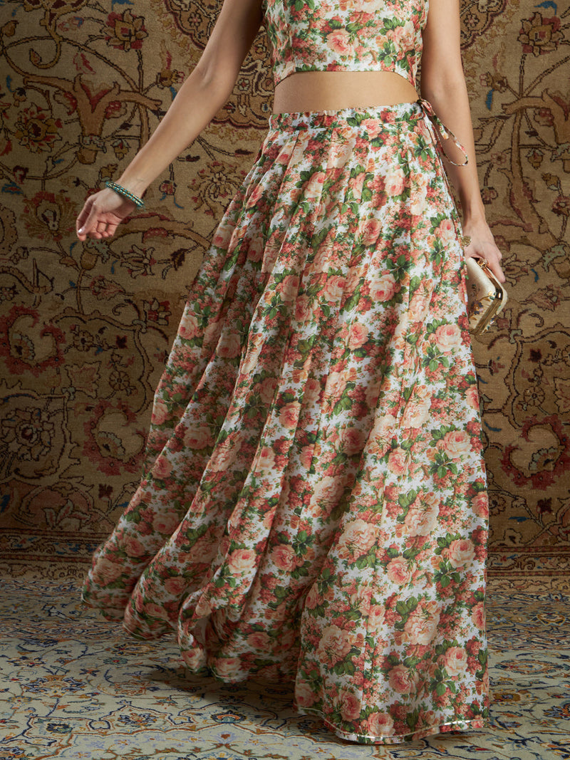 Women Peach & Green Chanderi Floral Anarkali Skirt