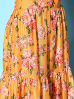 Women Yellow Chanderi Floral Tiered Skirt