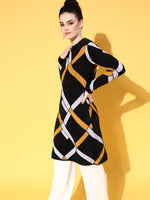 Women Black & Mustard Check Hair Wool Long Sweater