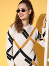 Women White & Mustard Check Hair Wool Long Sweater