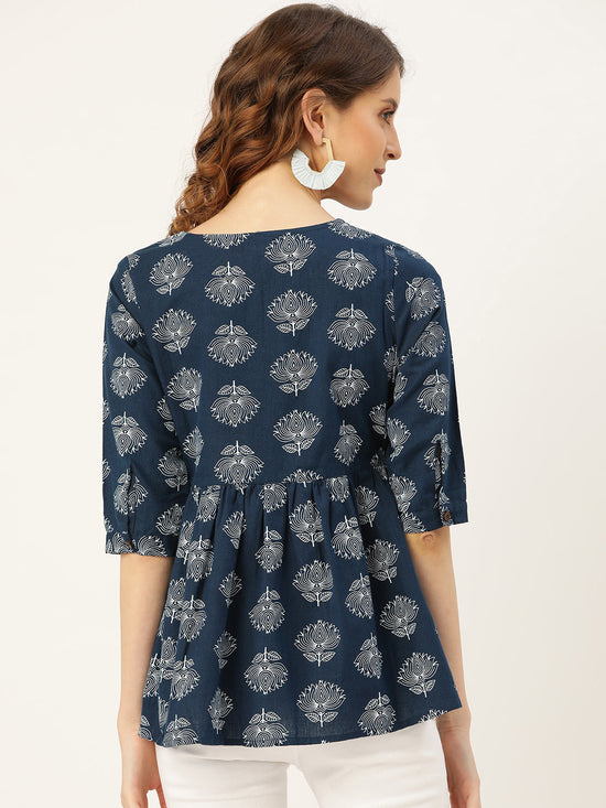 Navy Lotus Print Peplum Top