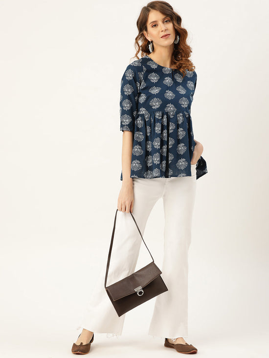 Navy Lotus Print Peplum Top